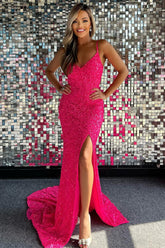 Mermaid Spaghetti Straps Hot Pink Sequins Long Prom Dress with Split Front