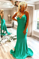 Mermaid Halter Neck Green Long Prom Dress with Criss Cross Back