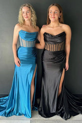 Satin Mermaid Strapless Backless Long Prom Dress With Split