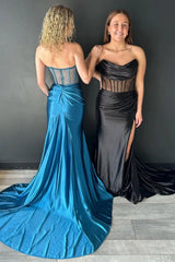 Satin Mermaid Strapless Backless Long Prom Dress With Split