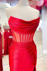 Satin Mermaid Strapless Backless Long Prom Dress With Split