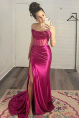 Satin Mermaid Strapless Backless Long Prom Dress With Split