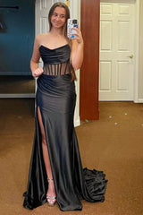 Satin Mermaid Strapless Backless Long Prom Dress With Split
