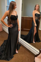 Satin Mermaid Strapless Backless Long Prom Dress With Split