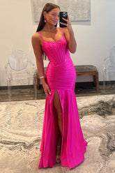 Hot Pink Spaghetti Straps Mermaid Long Satin Prom Dress with Slit