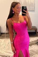 Hot Pink Spaghetti Straps Mermaid Long Satin Prom Dress with Slit