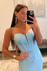 Glitter Light Blue Spaghetti Straps Mermaid Lace Up Long Prom Dress with Slit