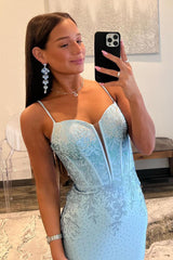 Glitter Light Blue Spaghetti Straps Mermaid Lace Up Long Prom Dress with Slit
