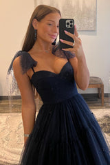 Dark Navy A-Line Tie Straps Zipper Back Long Tulle Prom Dress