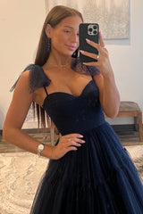 Dark Navy A-Line Tie Straps Zipper Back Long Tulle Prom Dress