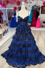 Princess A-Line Spaghetti Straps Long Glitter Prom Dress With Appliques