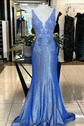 Gorgeous Mermaid Deep V Neck Blue Long Prom Dress with Appliques