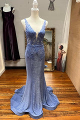 Gorgeous Mermaid Deep V Neck Blue Long Prom Dress with Appliques