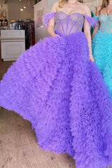 Princess A Line Off the Shoulder Purple/Blue Corset Prom Dress with Beading