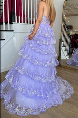 Gorgeous A Line One Shoulder Lilac Corset Prom Dress with Ruffles Lace