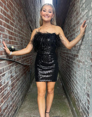 Sparkly Sequin Strapless Short Homecoming Dress With Feather