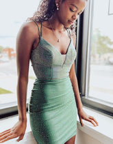 Green Glittler Spaghetti Straps Tight Homecoming Dress