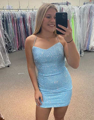 Light Blue Corset Back Short Glitter Party Dress