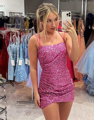 Glitter Sequin Spaghetti Straps Party Dress With Pleating