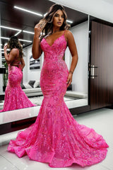 Sparkly Blue Mermaid Spaghetti Straps Sequins Long Backless Prom Dress