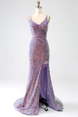 Sparkly Light Purple Lace-Up Back Long Sequin Prom Dress with Fringe