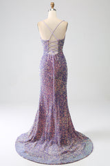 Sparkly Light Purple Lace-Up Back Long Sequin Prom Dress with Fringe
