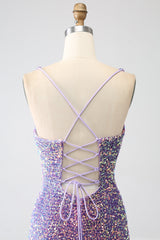 Sparkly Light Purple Lace-Up Back Long Sequin Prom Dress with Fringe