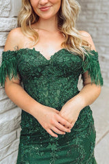 Dark Green Mermaid Off The Shoulder Long Corset Prom Dress With Appliques