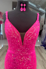 Sparkly Hot Pink Mermaid Backless Long Corset Prom Dress With Sequin