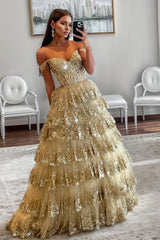 Gorgeous Gold A-Line Off The Shoulder Lace Up Long Prom Dress with Sequin