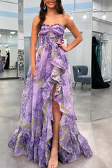 Lavender A-Line Strapless Long Ruffle Prom Dress With Detachable Sleeves