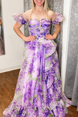 Lavender A-Line Strapless Long Ruffle Prom Dress With Detachable Sleeves