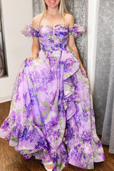 Lavender A-Line Strapless Long Ruffle Prom Dress With Detachable Sleeves