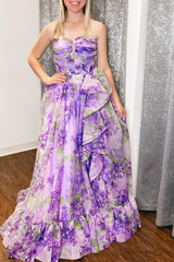 Lavender A-Line Strapless Long Ruffle Prom Dress With Detachable Sleeves