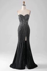 Sparkly Beaded Sweetheart Long Black Mermaid Prom Dress With Split