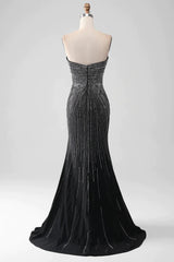 Sparkly Beaded Sweetheart Long Black Mermaid Prom Dress With Split