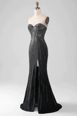 Sparkly Beaded Sweetheart Long Black Mermaid Prom Dress With Split