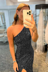Hot Pink Mermaid Glitter One-Shoulder Backless Prom Dress With Sequins
