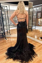 Long Sequined Blue Straps Prom Dress with Feather Hem
