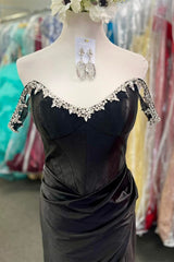 Off the Shoulder Beaded Blue Mermaid Prom Dress with Slit