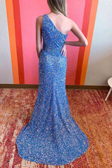 Green Two Piece Sequined One Shoulder Long Party Dress with Tassel