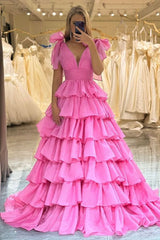 Plunging V-Neck Fuchsia Bow Straps Ruffle Ball Gown