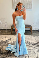 Sexy Tight Strapless Light Blue Long Prom Dress