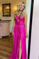 Key Hole Metallic Pleated Long Prom Dress with Slit