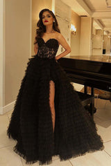 Sweetheart Yellow Lace Corset Tiered Tulle Prom Dress