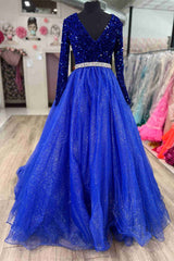V-Neck Light Blue Sequin Long Sleeves A-Line Prom Dress
