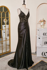 V-Neck Black Sheer Lace Corset Mermaid Prom Dress with Slit