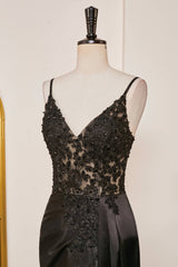 V-Neck Black Sheer Lace Corset Mermaid Prom Dress with Slit