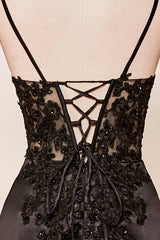 V-Neck Black Sheer Lace Corset Mermaid Prom Dress with Slit