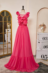 Plunging V-Neck Hot Pink Ruffled Straps A-Line Prom Dress